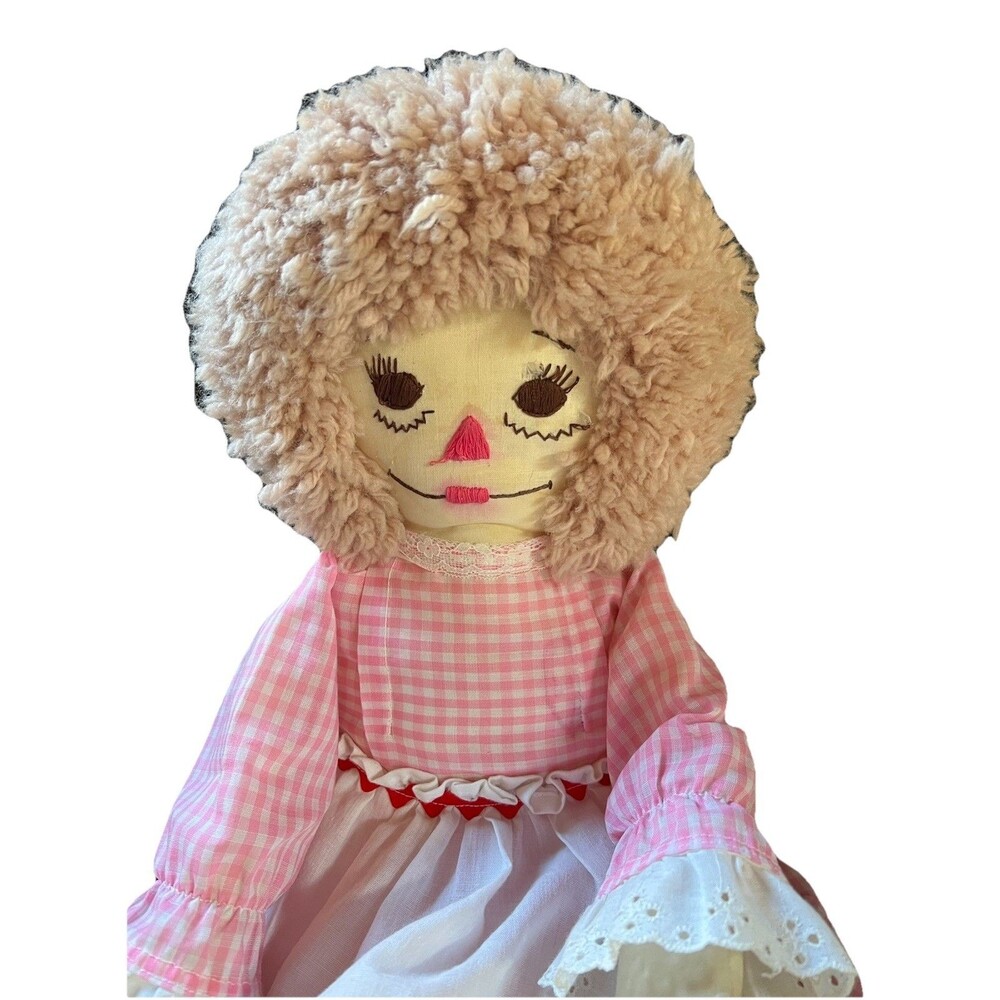 Vintage Raggedy Ann Type Doll 1970s Fabric Dress 24" Embroidered Face Authentic